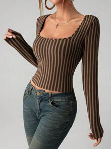 SHEIN ICON Áo thun nữ tay dài cổ vuông dáng ngắn kẻ sọc gợi cảm để đi chơi - màu nâu - Xem 4