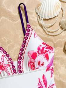 SHEIN Pink Shell & Coral Print One-Piece Swimsuit For Teenage Girls,Halter Starfish Flower Hibiscus Bathing Suit,Summer Beach Vacation Holiday Swimwear - White - View 5