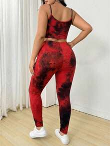SHEIN EZwear 大码扎染吊带背心和裤子两件套（扎染图案随机） - 酒紅色 - 查看 2