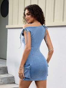 Jeanoix Y2K Asymmetric Collar Bodycon Utility Mini Denim Dress - Light Wash - View 2