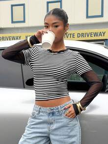 Muchica Women's Knitted Striped 2 In 1 Fitted Long Sleeve T-Shirt  For Going Out Outfits, Streetwear, Y2K Clothes, Striped Long Sleeve - Black and White - View 5