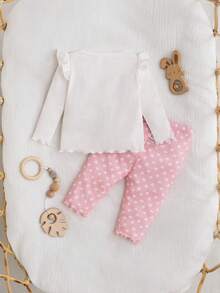 Newborn Baby Girl Cute Casual Knit Cartoon Pattern Top And Pink Pants Pajama Set - Pink - View 4
