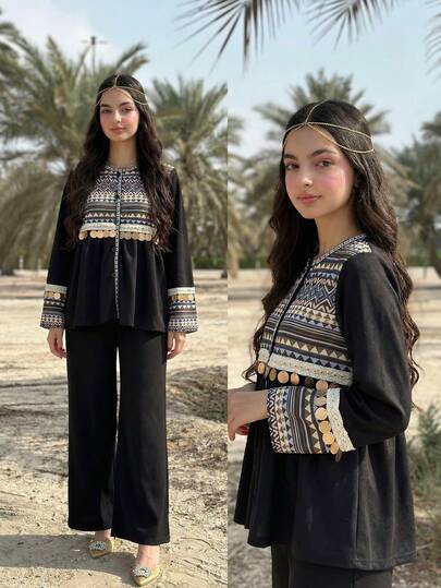 Sparklyn Teen Girls' Middle Eastern Long Sleeve Cardigan, Geometric Embroidery Design With Round Disc Decor, Comfortable & Elegant Traditional Jacket