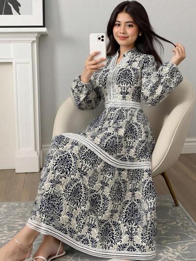 Teen Girl Casual Vacation Retro Pattern Stand Collar Half-Open Lace Ruffle Hem Long Sleeve Dress, Blue