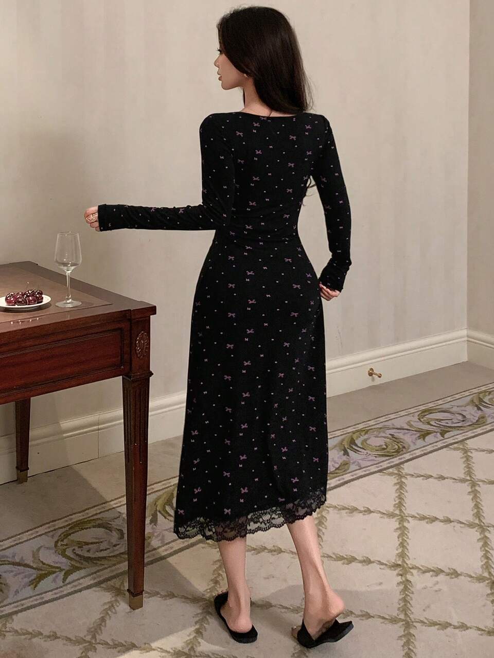 Tall Women's Butterfly Print Lace Patchwork Long Sleeve Fitted Dress, Elegant Design For Tall Ladies Sundress Summer