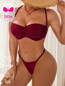 Swim DD+ 纯色珍珠光泽沙滩泳池派对扭绳软杯优雅度假比基尼套装 - 酒紅色 - 查看 4