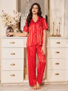 SHEIN Women's Solid Striped Jacquard Satin Embroidered Pocket Short Sleeve Pajama Set - Red - View 7