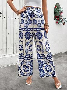 SHEIN Holidaya Bow Tie Elastic Waist Wide Leg Printed Maxi Skirt For Women - Blue - View 4