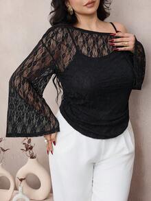 Seusyu Plus Size Women Elegant Fitted Lace Patchwork Asymmetric Shoulder Top, Versatile For Spring/Summer - Black - View 6