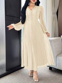 Feyla 女士优雅通勤纯色波点褶皱长裙 - 杏色 - 查看 3