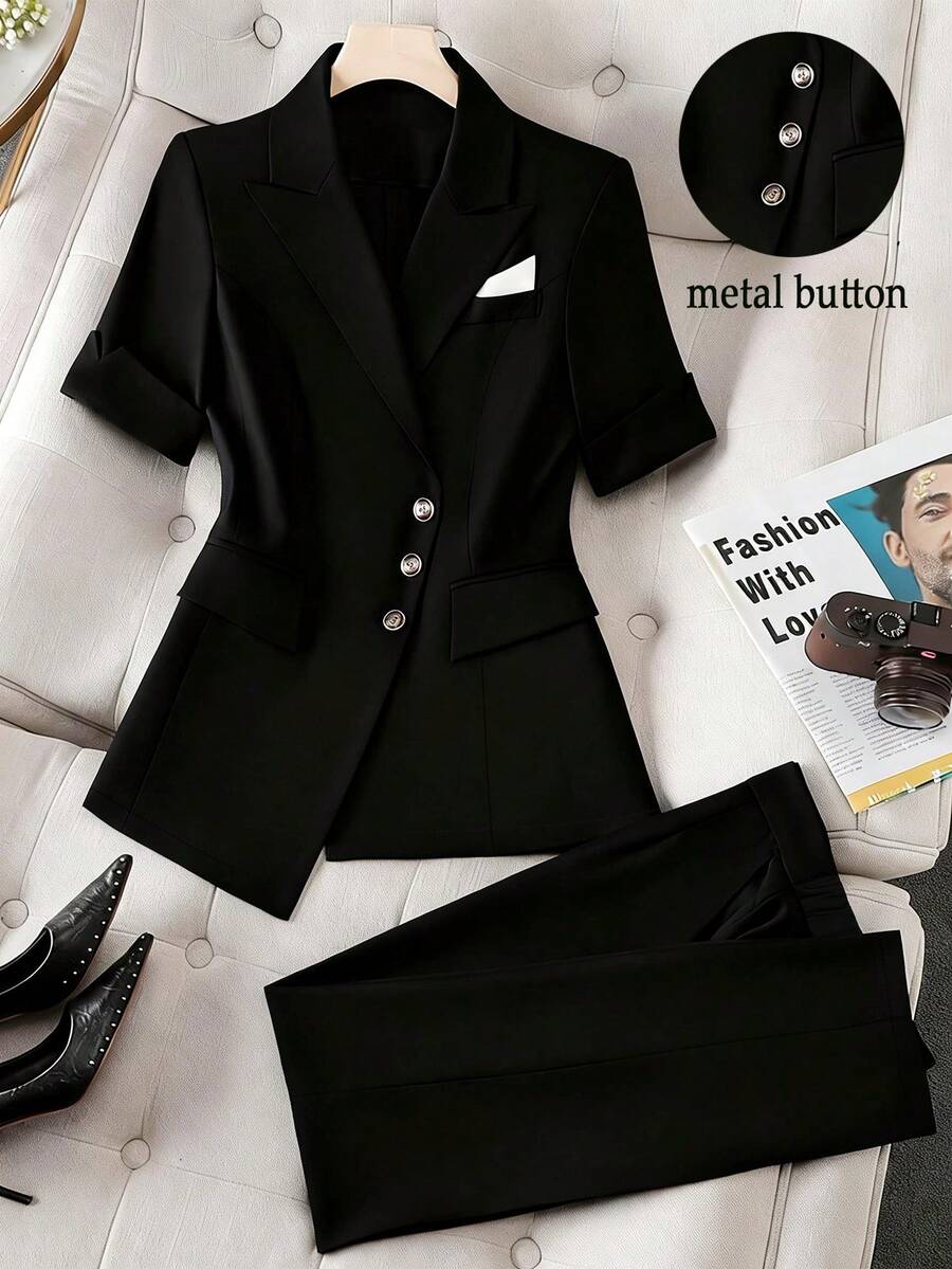 GlowEve CURVE 大码女式纯色短袖单排扣西装外套和裤子套装，适合办公室穿着 - 黑色 - 查看 1