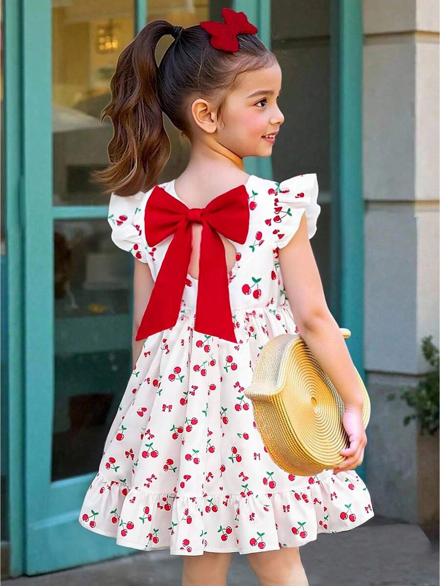 SHEIN Váy công chúa ngọt ngào hở lưng họa tiết hoa mùa hè mới, thời trang dễ thương cho bé gái, thắt nơ. - trắng - Xem 1