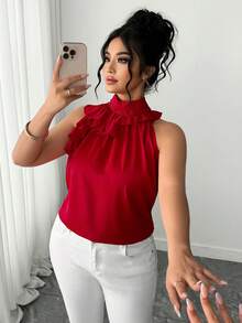 Elenzga Red Plain Cold Shoulder Sleeveless Plus Size Top With Ruffle Stand Collar Elegant Blouse - Red - View 8