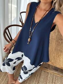 Louniche 女士V领不对称下摆衬衫和印花短裤两件套，度假休闲，春夏 - 藍色 - 查看 7