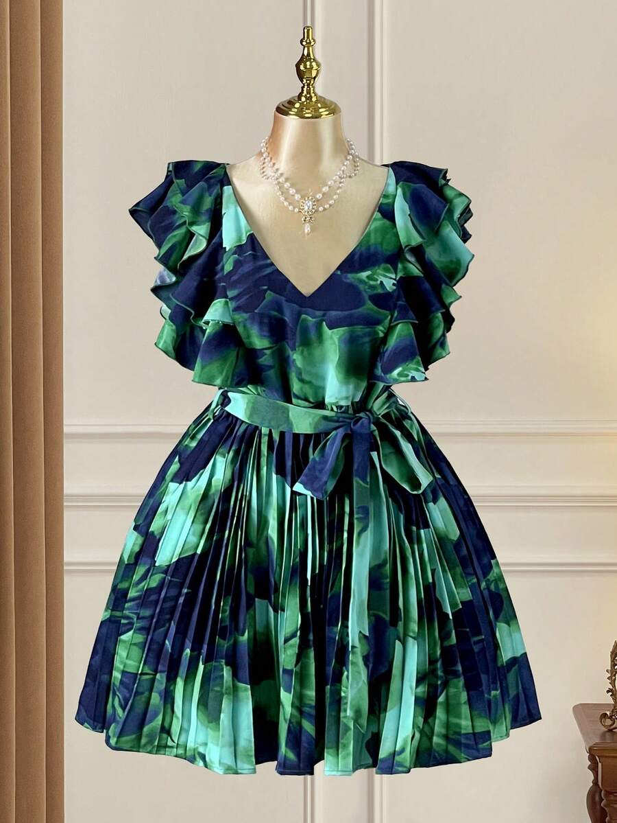 Rometta 大码女式V领荷叶边腰部褶皱A字印花度假优雅浪漫连衣裙，适合夏季 - 彩色 - 查看 1