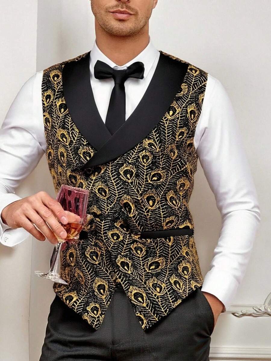 Manfinity AFTRDRK 男士優雅黑金配色背心,金色紋理孔雀圖案搭配黑色領口,適合秋季婚禮賓客派對華麗穿搭 - 金色 - 查看 1