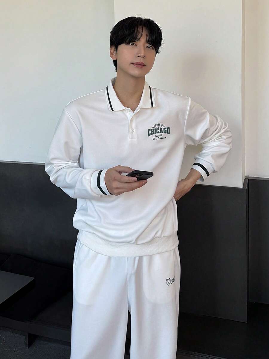 DAZY 男士字母印花拼接设计 Polo 衫套装，春秋季 - 白色 - 查看 1