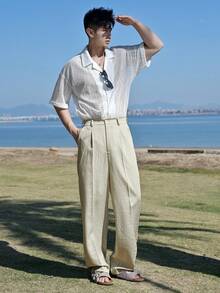 DAZY Spring Solid Beige Slim-Fit Men's Suit Pants - Beige - View 6