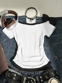 Lalippa Camiseta ajustada de cuello redondo para mujer, de manga corta blanca, talla grande vendida en primavera y otoño, estilo con estampado de cerezas - Blanco - Ver 2