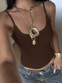 SHEIN EZwear 夏季休闲纯色修身吊带背心女式上衣性感棕色棕色上衣棕色背心女式巧克力棕色上衣巧克力棕色背心棕色泳衣上衣棕色夏季上衣性感女式上衣棕色皮质上衣女式背心露脐背心女式性感上衣女式马甲上衣可爱上衣女式夏季上衣女士紧身衣 - 巧克力棕 - 查看 3