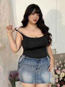 CovetEZ 大码女士基本款性感蕾丝拼接吊带背心 - 黑色 - 查看 3