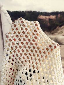 SHEIN LilyWest 女士波西米亚彩虹钩针系带镂空针织开衫，度假风 - 杏色 - 查看 5