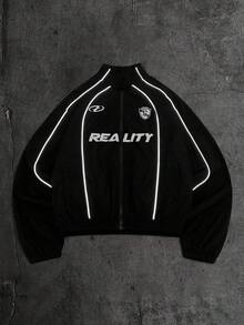 AXEPEAK Men's Letter Print Long Sleeve Zip Front Casual Jacket - Black - View 1