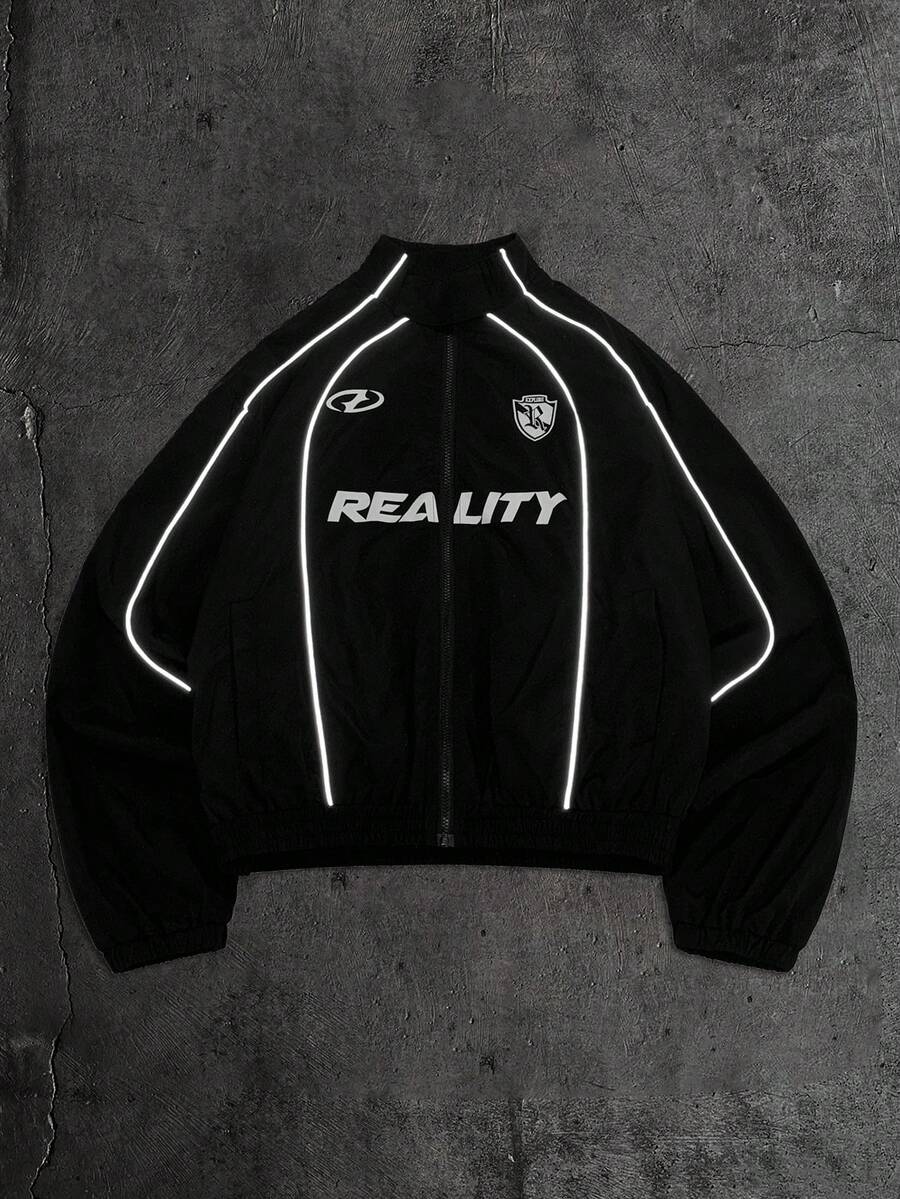 AXEPEAK Men's Letter Print Long Sleeve Zip Front Casual Jacket - Black - View 1