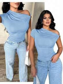 SHEIN SXY 女士性感优雅简约不对称单肩露肩上衣，夏季休闲百搭衬衫 - 藍色 - 查看 6