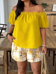 Weeklong Plus Size Casual Vacation Style Solid Color Off-Shoulder Top And Fruit Print Shorts 2 Pieces Set