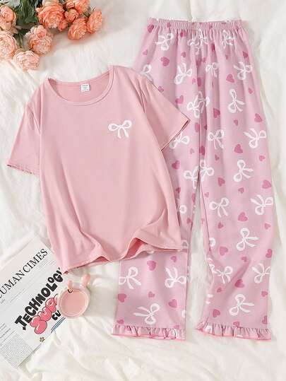 Girls' White Bow Print Pink Short Sleeve Top Paired With Plaid Bow & Heart Print Ruffle Hem Pants Pajama Set