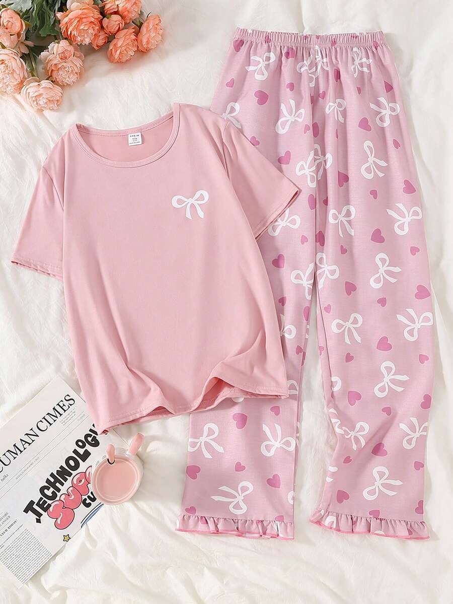 Girls' White Bow Print Pink Short Sleeve Top Paired With Plaid Bow & Heart Print Ruffle Hem Pants Pajama Set - Pink - View 1