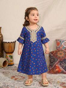 Middle Eastern Style Gold Lace Trim Loose Long Sleeve Dress,Blue Floral,Summer,Boho,Birthday - Blue - View 9