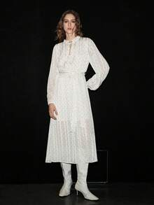 Lumivelle Women's Spring/Summer Fashion Long Sleeve Ruffle Collar Cinched Waist Waist Polka Dot Dress