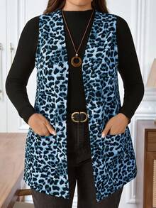 EMERY ROSE 大码女式夏季休闲度假豹纹开襟无袖外套，春假、度假、外出，2026新款，简约时尚，日常穿着，动物纹印花，印花开衫 - 藍色 - 查看 5