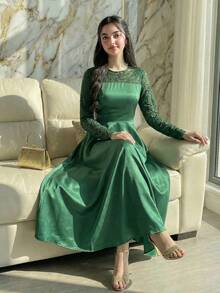 Elegant Sequin Embellished Green Satin Dress, Suitable For Teenagers And Christmas Party - Green - View 1