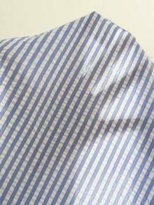 SHEIN 少女蓝白条纹休闲度假单排扣背心和裤子套装 - 藍白色 - 查看 8