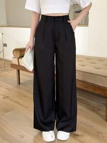 SHEIN 少女长裤 商务休闲裤 西部牛仔风 阔腿裤 办公室女郎宽松裤 专业职业装 灰色 - 黑色 - 查看 4