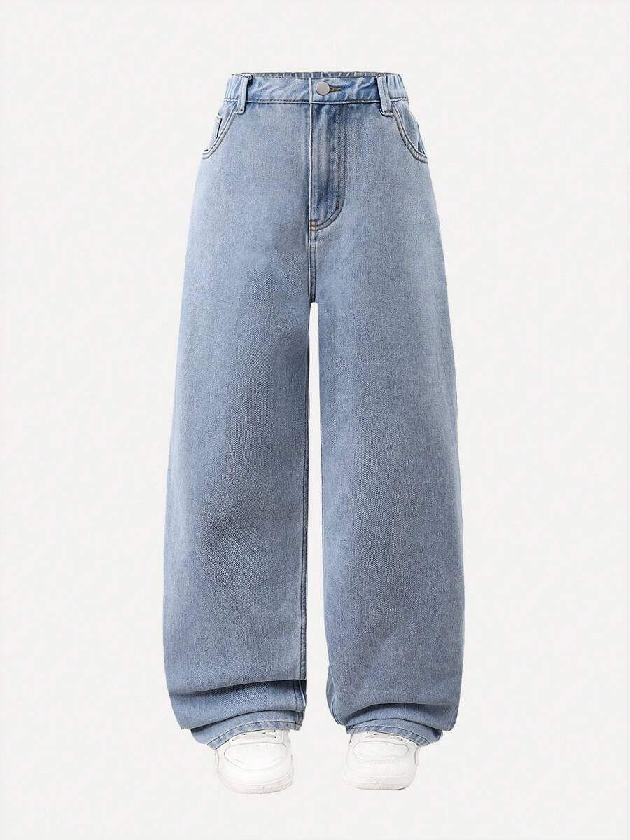 SHEIN 青少年男孩褪色优雅全印花马牛仔布校园精神牛仔裤