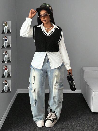 Maweii 大码女式针织背心，无袖背心，撞色设计，多色拼接，深V领，短款上衣，宽松休闲黑色背心，辣妹风，秋冬季保暖内搭，万圣节，校园风，学院风，柔软舒适面料，日常通勤上衣，伦敦派对针织衫，伦敦锐舞针织衫，Y2K针织衫，Y2K毛衣，Y2K派对上衣，派对针织衫，外出针织衫，夜店毛衣，锐舞针织衫，哥特针织衫，另类针织衫，暗黑学院风针织衫