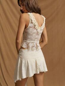 SHEIN ICON 2pcs/Set Y2K Women's Boho Beige Goth Lace Sleeveless Top And Low Waist Skirt - Brown - View 2