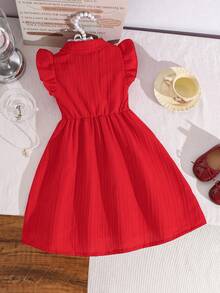 Young Girls' Sweet Red Sleeveless Dress,Collar Design With Ruffled Shoulder Trim,3D Decorative Accent,Flared Skirt For Summer Party & Birthday - Red - View 2