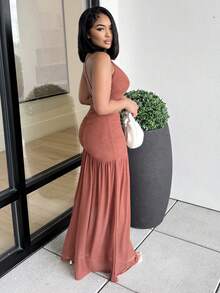 Alexandranx 褶皱前摆连衣裙，适合度假、夏季、春季、浪漫婚礼、毕业典礼、舞会、Dune Daze Ibiza 假日海滩、秋季、夜间外出、婚礼宾客等场合，优雅别致，适合生日、圣诞节、感恩节等场合。 - 紅色 - 查看 3