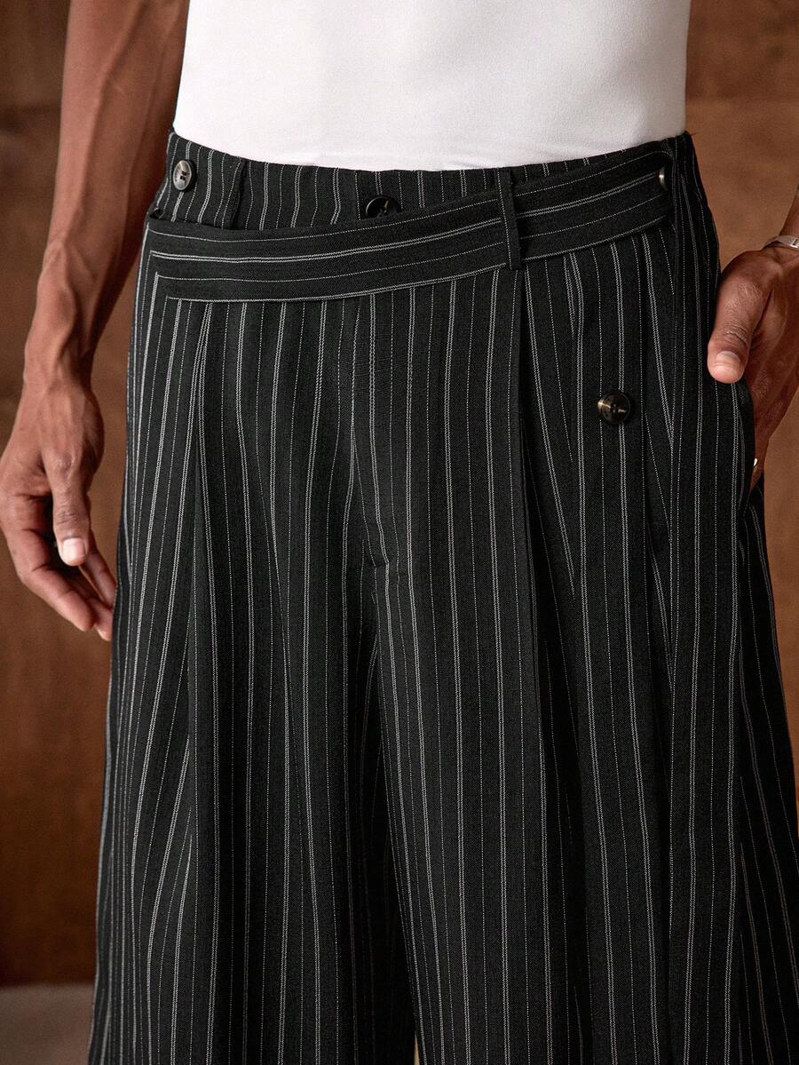 AKNOTIC Men's Casual Commuter Striped Tapered Suit Pants - Black - View 1