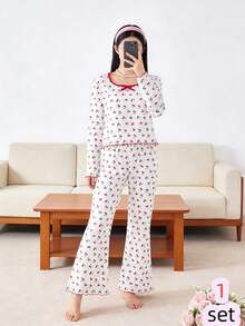 2pcs Tween Girls Comfortable & Cute Cherry Print Long Sleeve Pajama Set - White - View 3