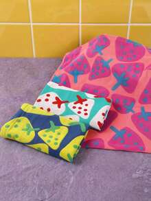 Joivida 1pc Super Absorbent Large Rectangular Face Towel And Bath Towel, With Strawberry, Lime, And Watermelon Patterns (Pink, Green, Green) - Thick Hanging Hand Towel, Dishwasher Towel, Cute Fruit Pattern, Household Absorbent Cloth With A Gauze Like Texture, Suitable For Sensitive Skin