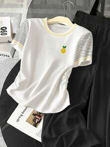 Resyla Bộ đồ nữ gồm áo thun ngắn tay cổ tròn kẻ sọc thêu hình quả chanh và quần dài, kiểu dáng thường ngày. - Nhiều màu - Xem 4