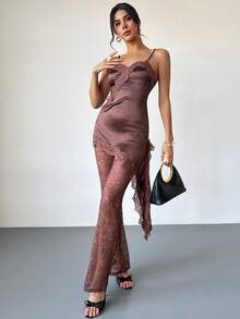 Firerie Elegant Romantic Urban Chic Bohemian Festival Party Music Festival Valentine's Day Date Sexy Lace Sheer Patchwork Asymmetric Hem Side Slit Backless Camisole Top And High Waist Lace Sheer Wide Leg Pants Brown 2 Piece Set - Brown - View 6
