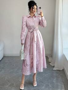 Modelyn 女士长袖欧根纱镂空优雅衬衫裙，粉色 - 藕粉色 - 查看 9