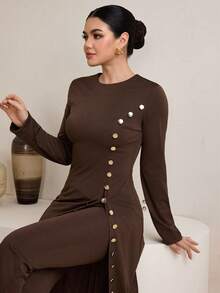 Graceveil Conjunto de bata y pantalones anchos de estilo árabe con botones metálicos decorativos de unicolor y minimalista retro para mujer - Marrón - Ver 7